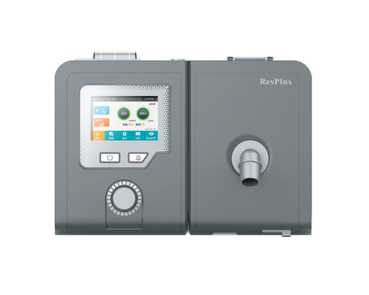 Gray electronic respiratory device CPAP/APAP with digital display and control panel on a white background