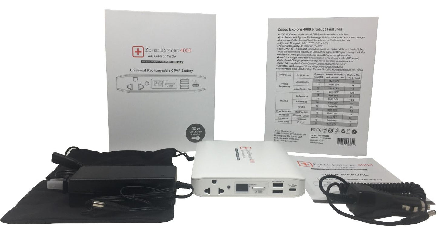 Zopec EXPLORE 4000 Universal Travel CPAP Battery (up to 2 nights) - Only 2.0 lb. and 1" Thin!