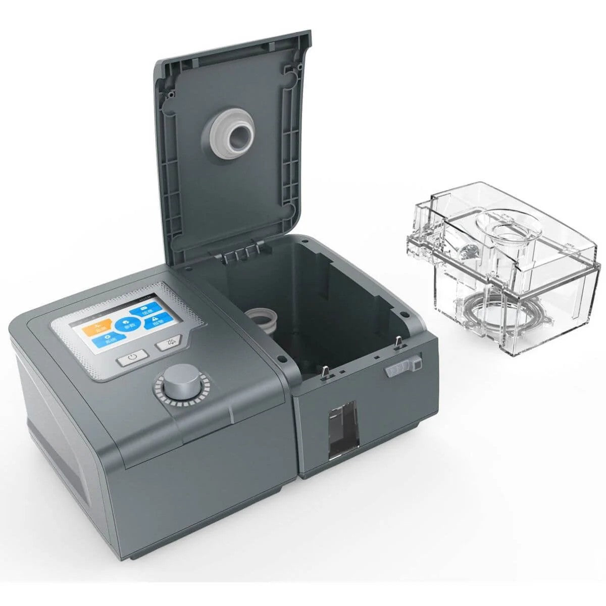 Gray sleep apnea machine with digital display and clear water chamber on a white background