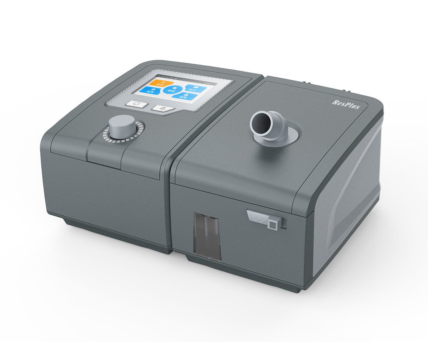 Gray respiratory device CPAP/APAP with digital display on a white background