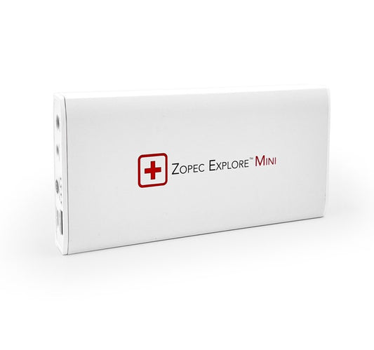 A white rectangular battery system with the Zopec Explore Mini branding, featuring a red cross, and a USB port visible on one side.