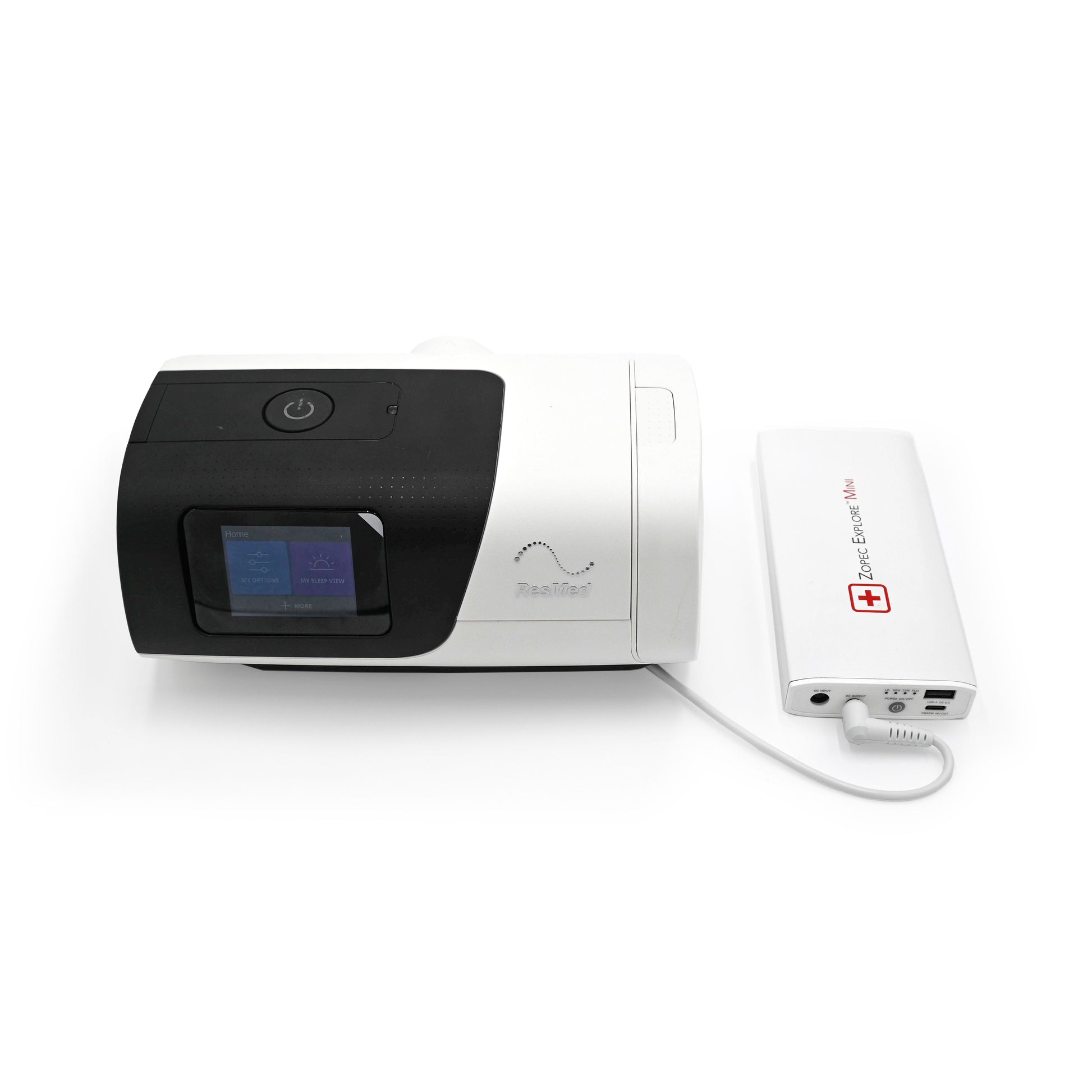 zopec explore mini dc travel battery connected to a resmed airsense 11 cpap machine