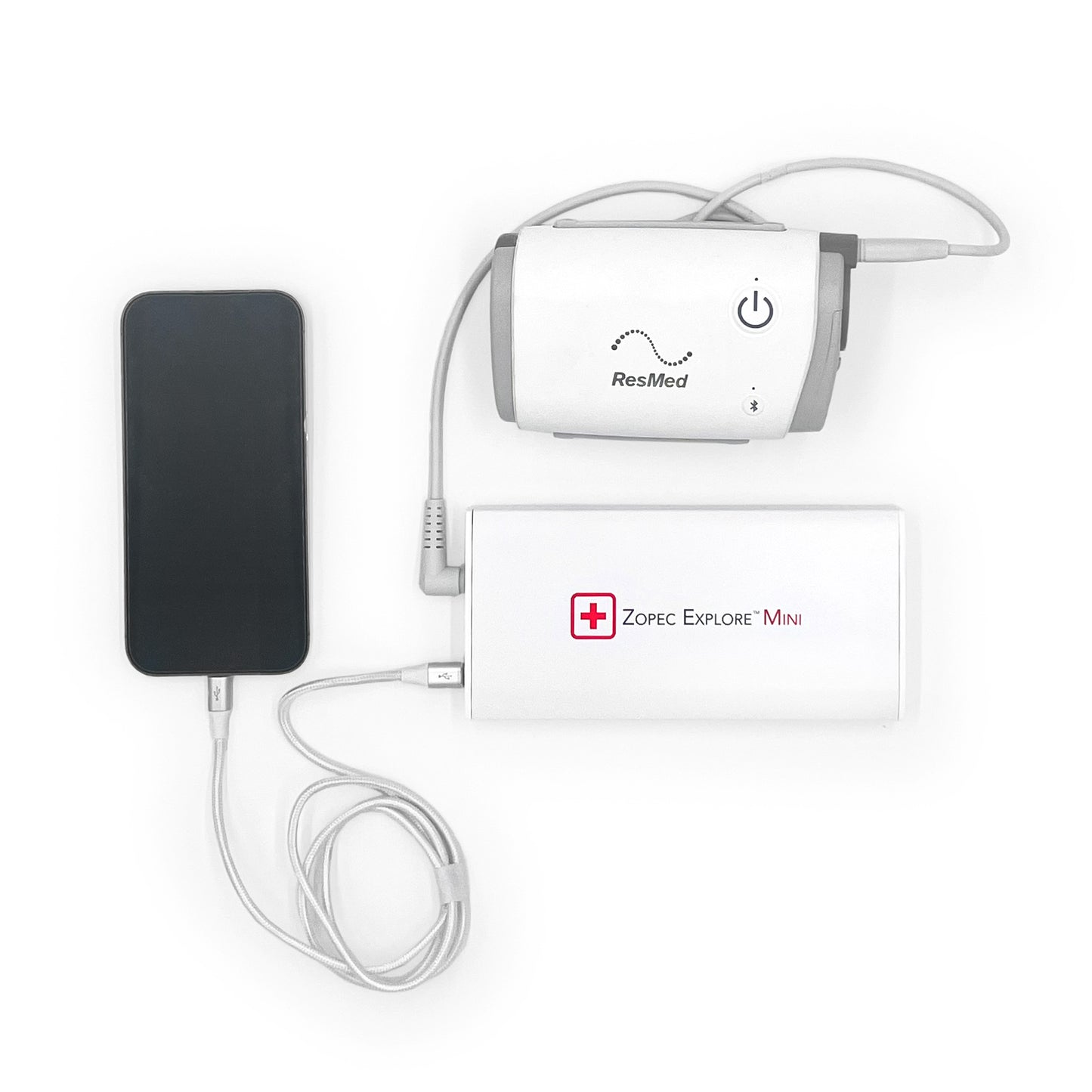 zopec explore mini battery connected to travel CPAP AirMini by Resmed and charging a phone
