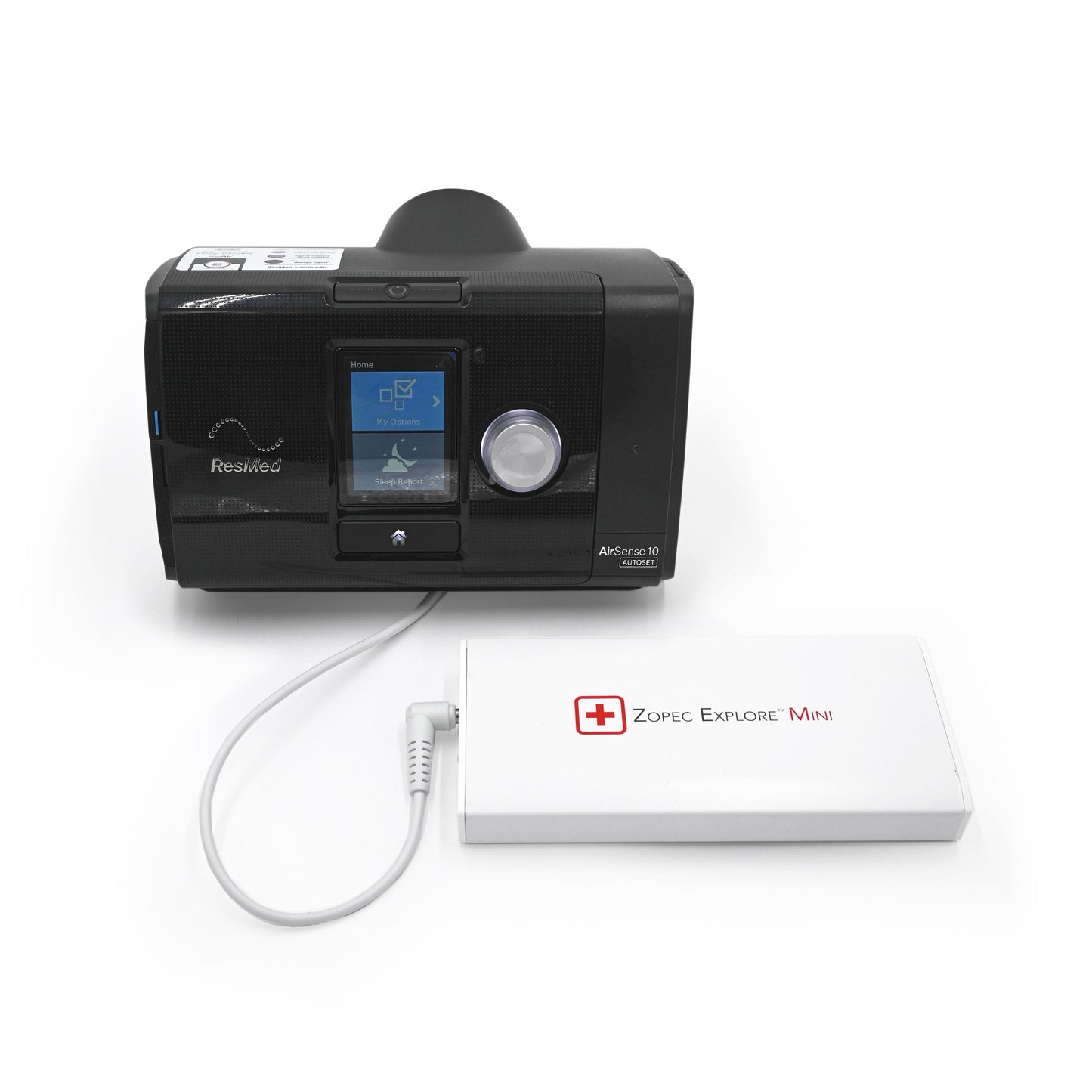 zopec explore mini dc travel battery connected to a resmed airsense 10 cpap machine