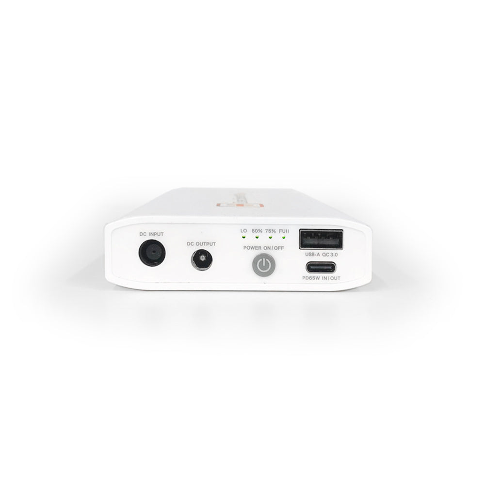 input and output ports on the side of the Zopec Explore Mini battery also showing power button, USB-C and USB-A