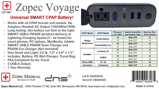 Zopec VOYAGE Universal Travel CPAP Battery (up to 2 Nights). Features Lightning Fast PD45W USB-C!
