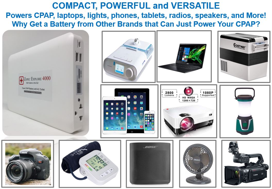 Zopec EXPLORE 4000 Universal Travel CPAP Battery (up to 2 nights) - Only 2.0 lb. and 1" Thin!