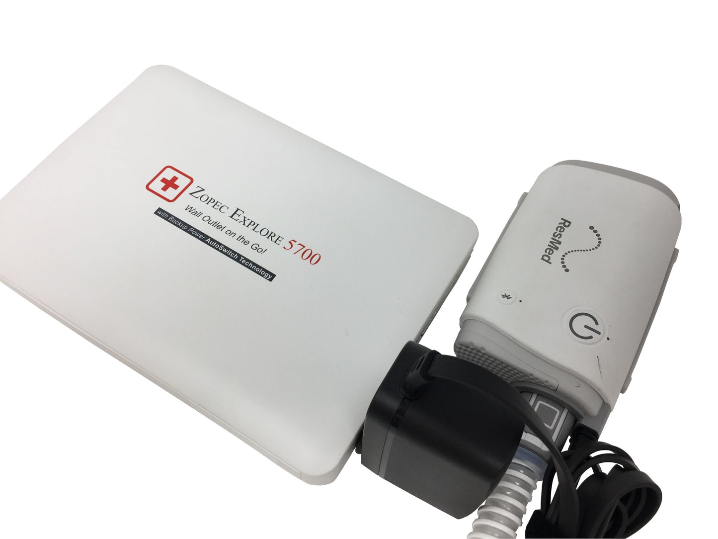 zopec explore 5700 travel battery powering resmed airmini travel cpap with white background