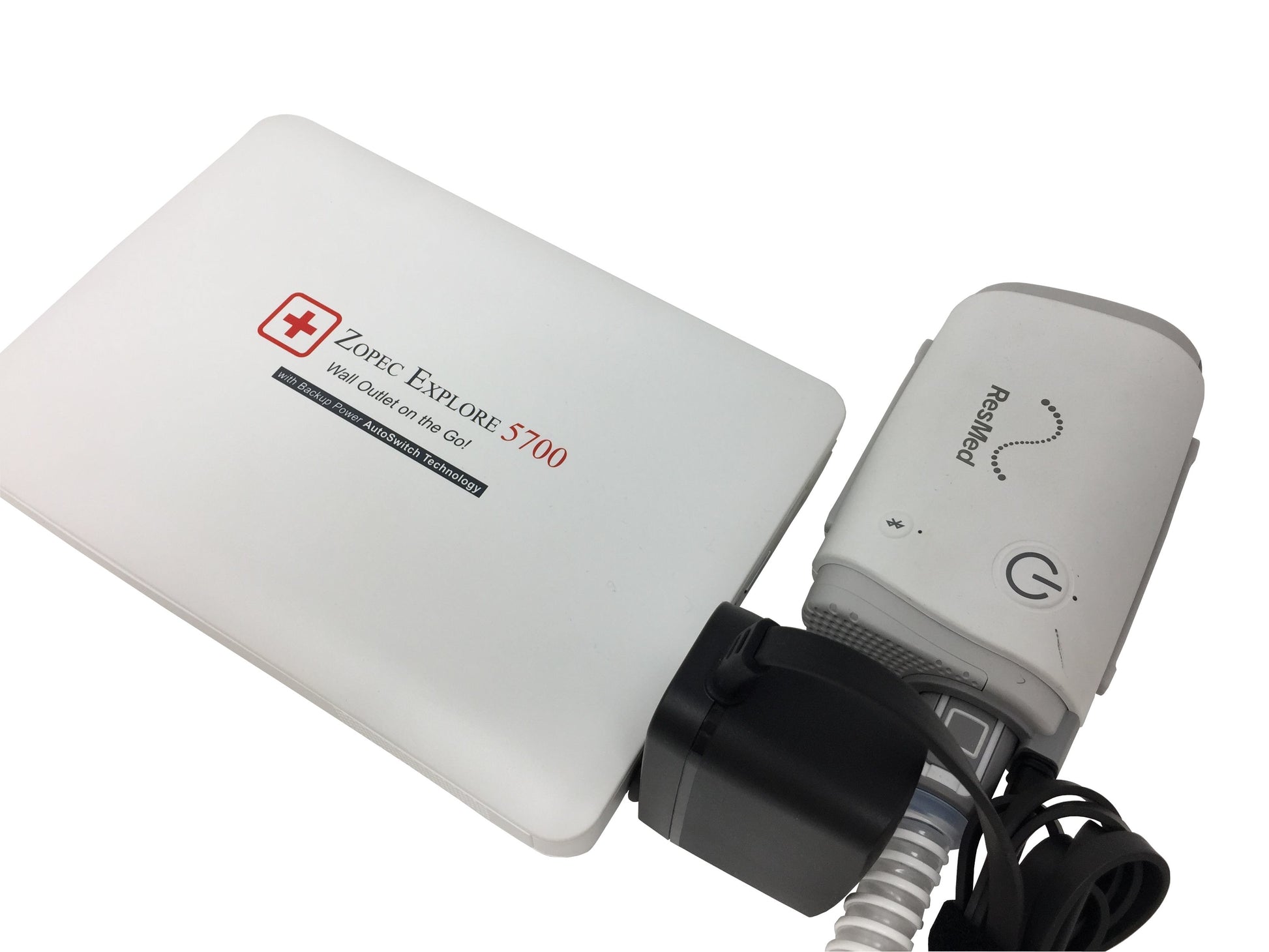zopec explore 5700 travel battery powering resmed airmini travel cpap with white background