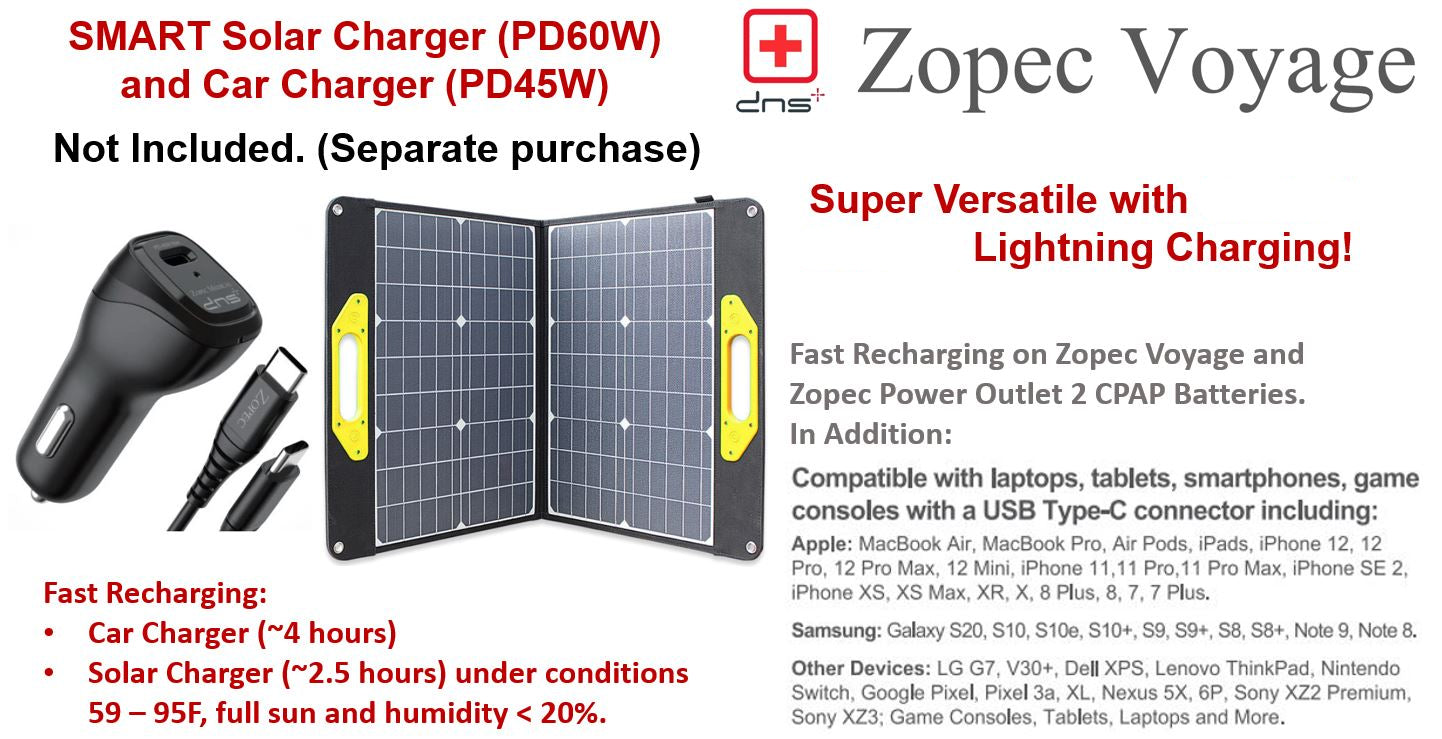 Zopec Voyage solar charger with car charger and lightning cable on a white background