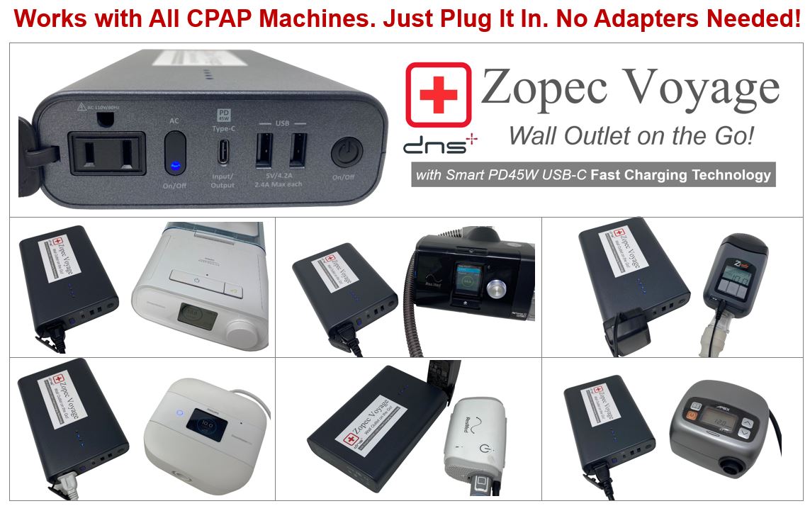 zopec voyage portable travel battery connected to various brands of respiratory machines such as CPAPs and BPAPs from various manufacturers such as ResMed, Apex Medical and Phillips
