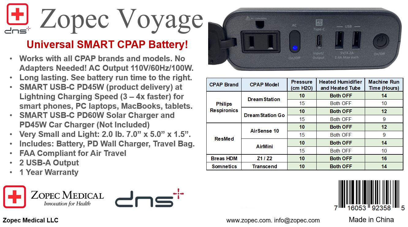 Zopec Voyage universal SMART CPAP battery packaging with specifications and branding.
